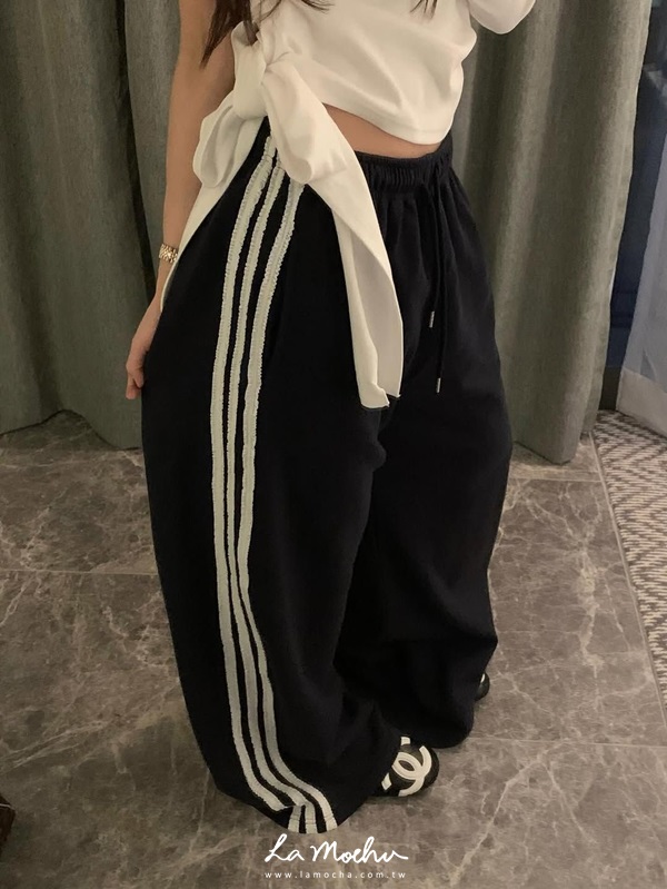 蕾絲條紋毛巾布棉褲